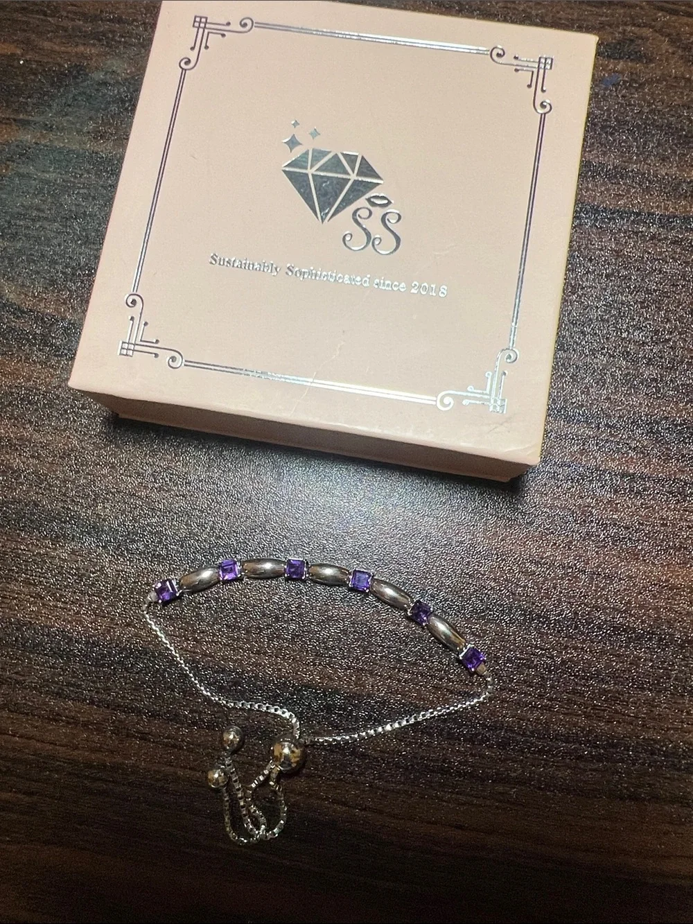 Sterling Silver Amethyst Square Gemstone Adjustable Bracelet